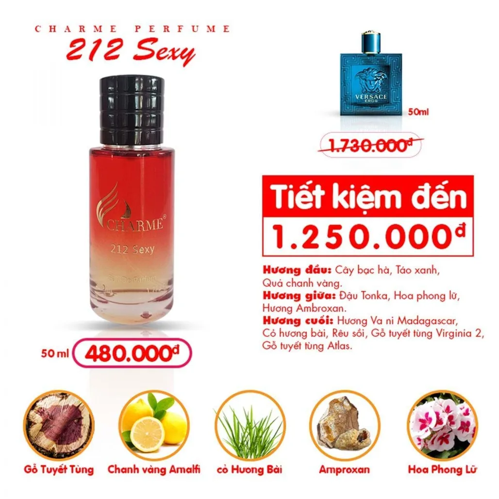 Thành phần tạo nên Charme 212 Sexy đầy khơi gợi và thể hiện sự mạnh mẽ và đam mê.