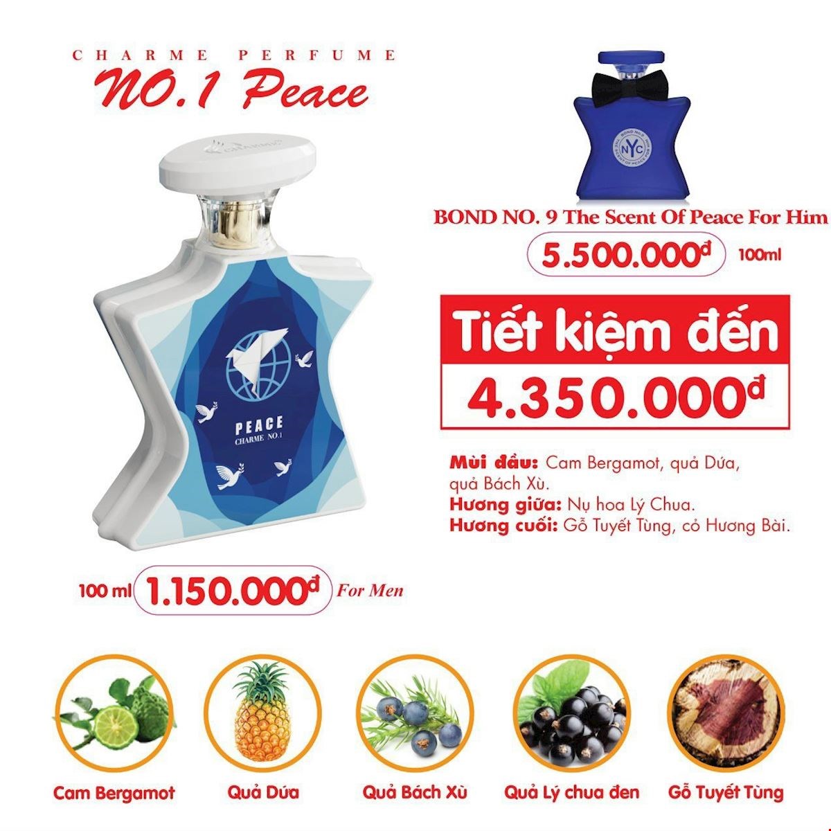 Mùi hương của Charme NO.1 Peace 100ml hương chuẩn như hương Bond No 9 The Scent Of Peace For Him 100ml nổi tiếng của Mỹ