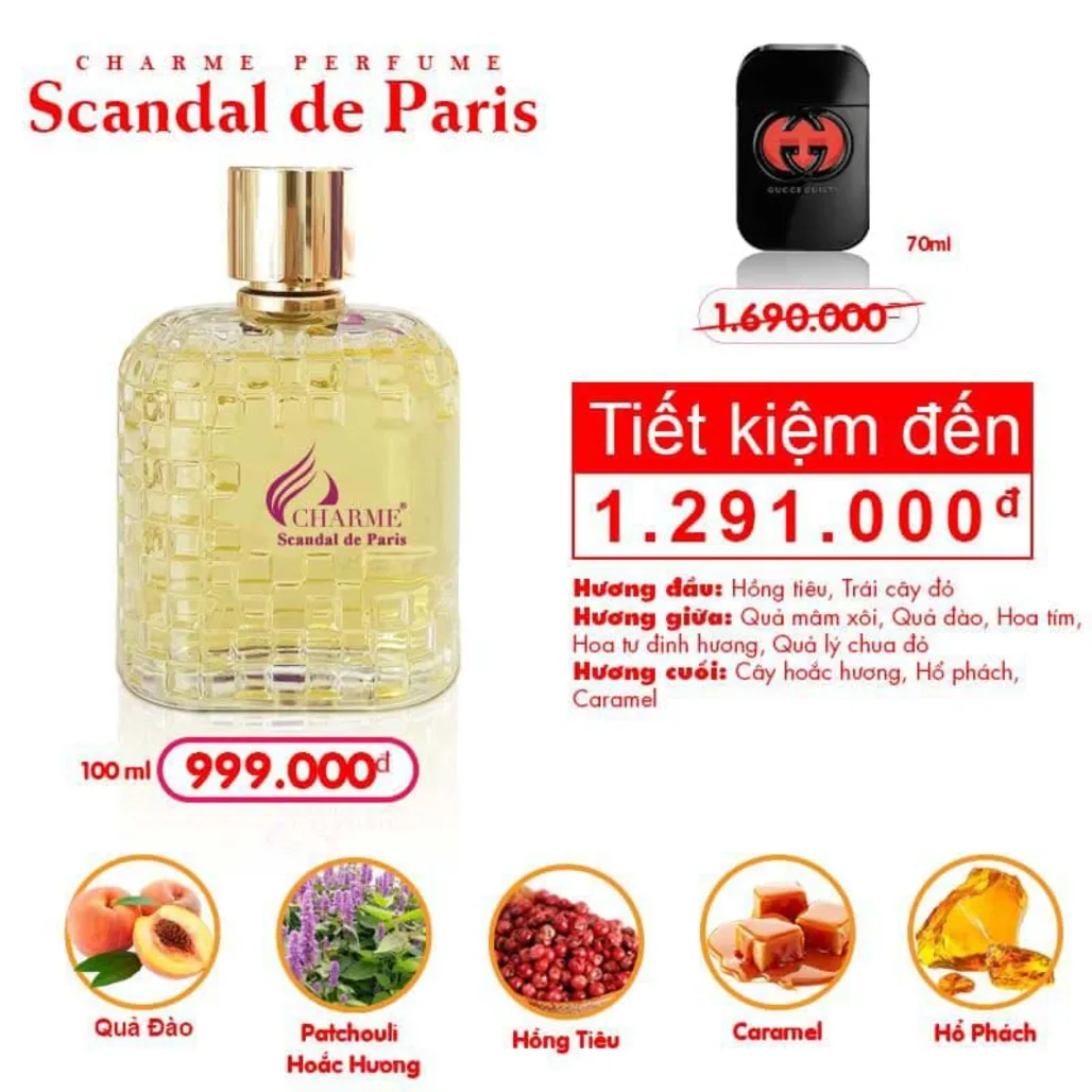 Charme Scandal De Paris được CHARME PERFUME sản xuất theo tone mùi (giống mùi): Gucci Guilty Black Pour Femme.